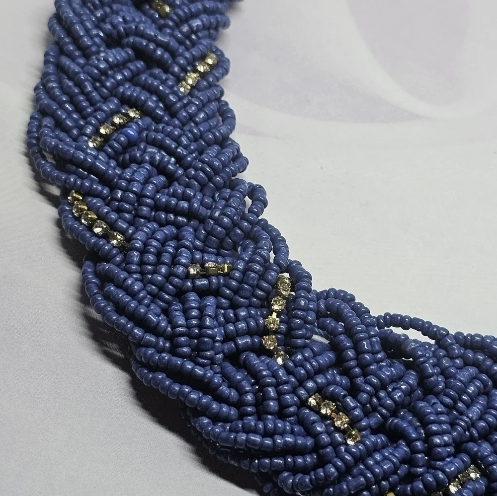 👍5 For $20 Thick Braided Multi-Strand Blue Seed Bead Necklace w/Rhinestones